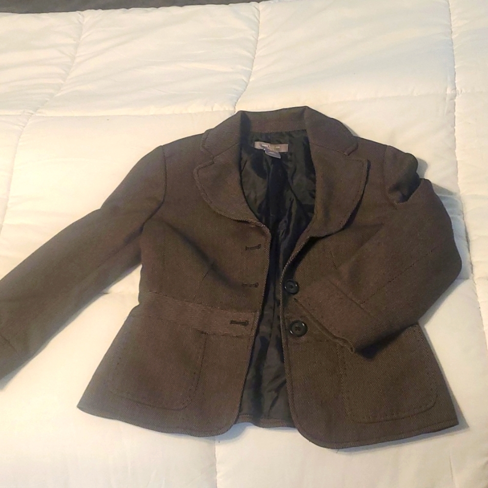 Ann Taylor cropped brown tweed Contrast Stitching blazer Jacket 00P Petite